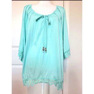 French Laundry Womens Size XL Aqua Tunic Top With Crochet Trim & Beads Boho